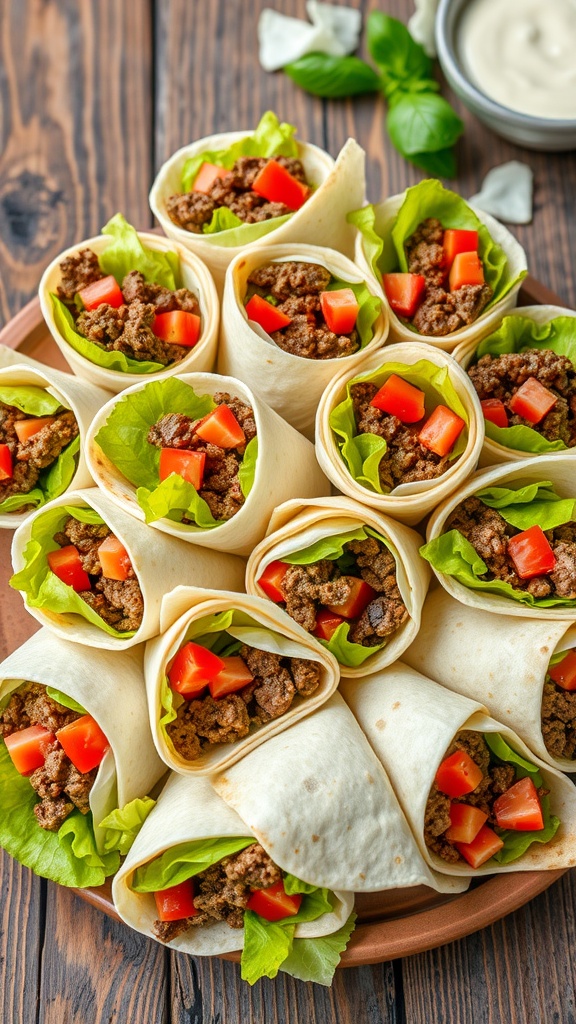 Burger tortilla wraps filled with beef, lettuce, tomatoes, and cheese on a wooden table with sauce.